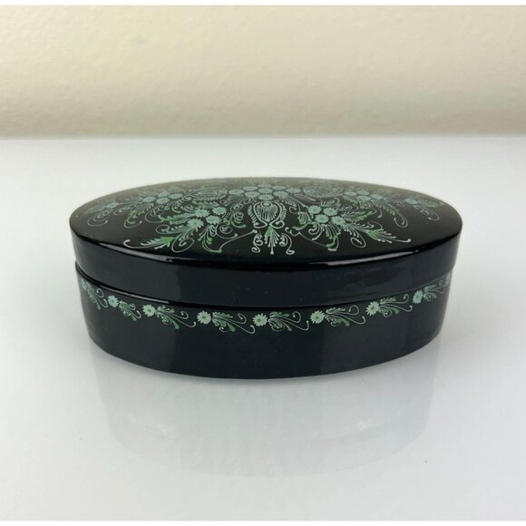 Vintage Green Teal Black Lacquer Oval Trinket Box Floral Pretty Home Decor Vanit - Picture 2 of 14